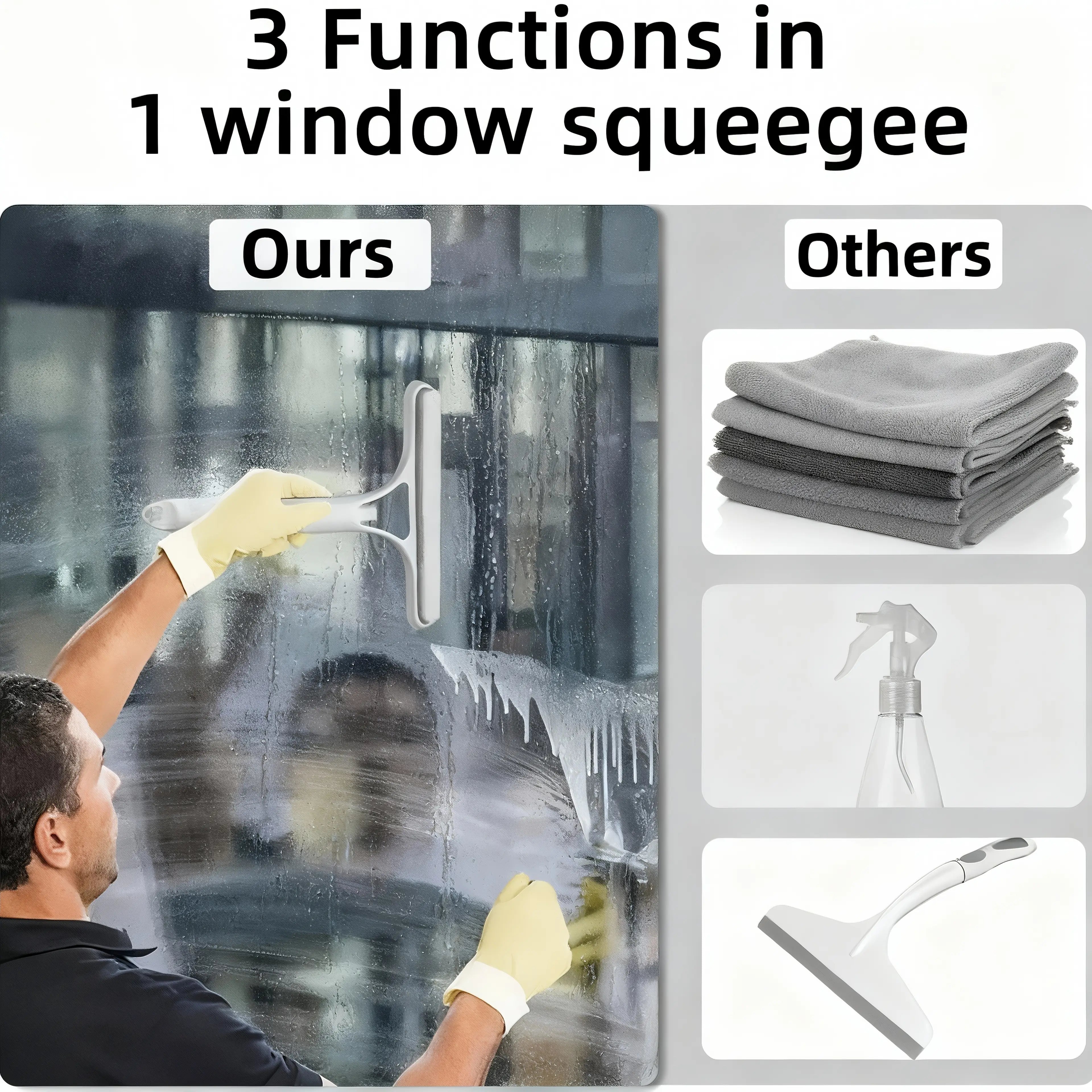 3 In 1 Window Cleaning Tool with Spray Bottle, Squeegee & Microfiber Scrubber