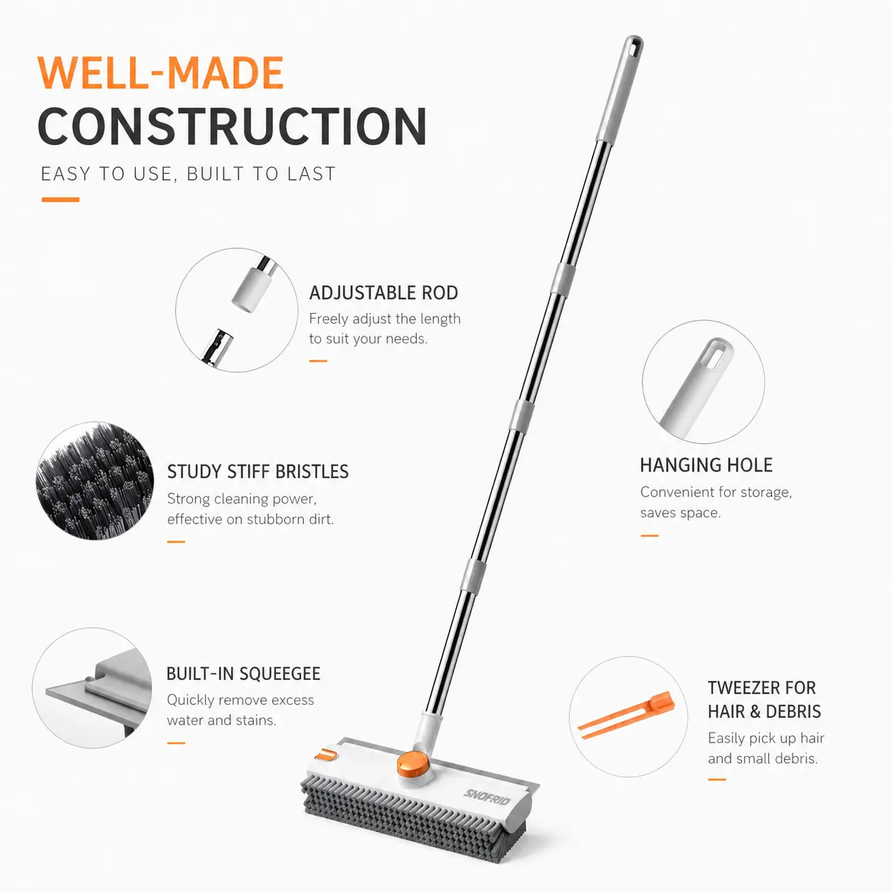 Heavy Duty Floor Cleaning Brush with Long Handle, Scrubber & Scraper