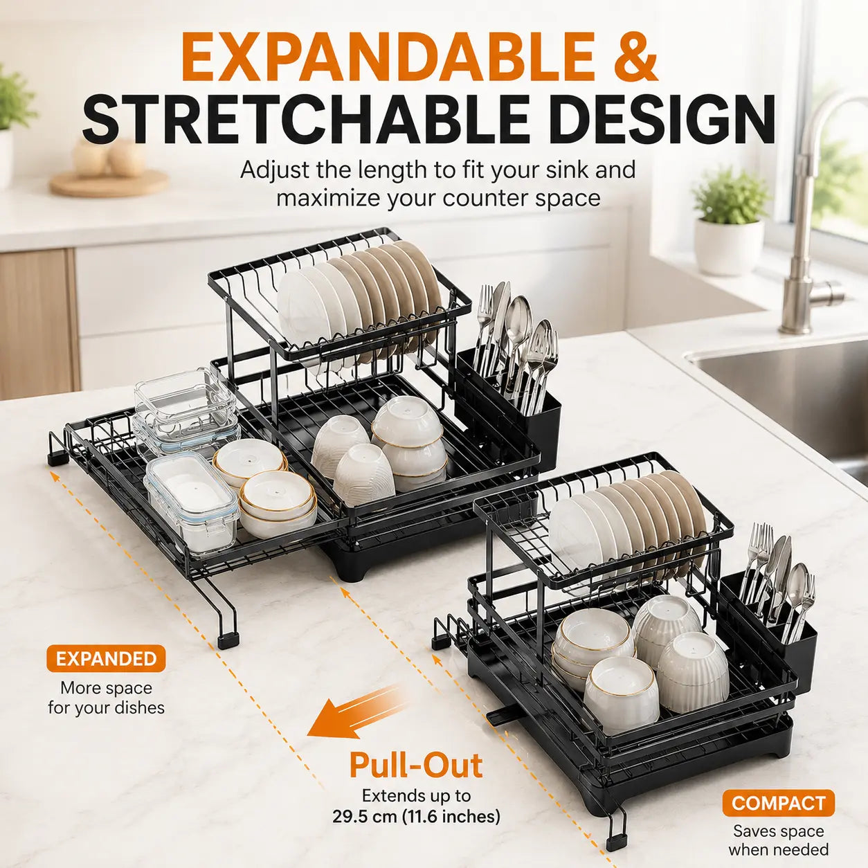 Foldable Over Sink Dish Drying Rack with Pull Out 2 Tier Storage Design